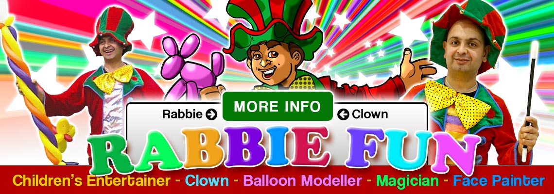 Rabbie the clown entertainer in full costume